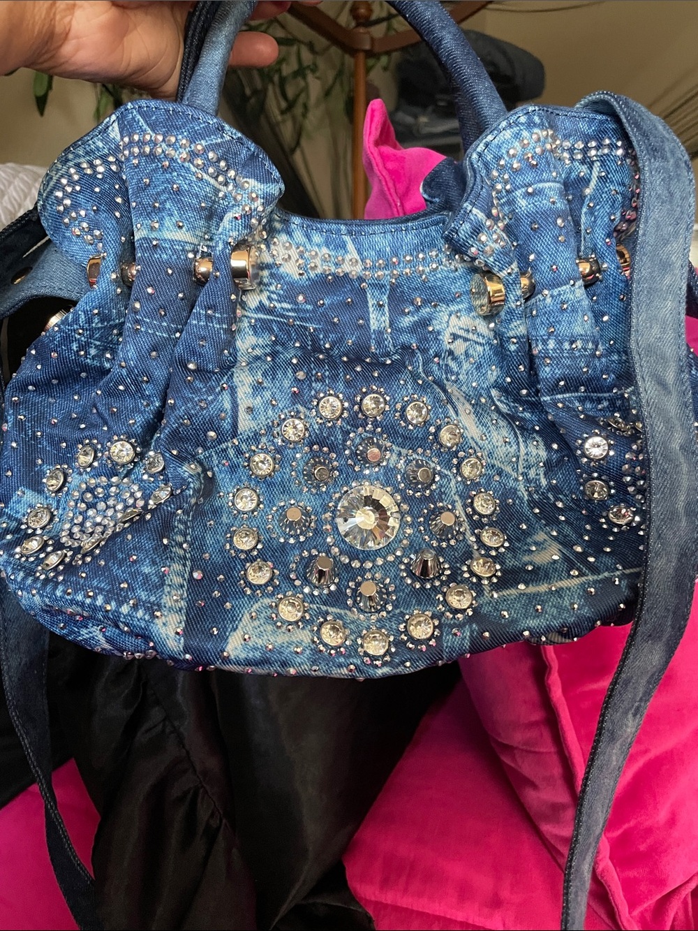 Denim Crystal Embellished Satchel - Blue